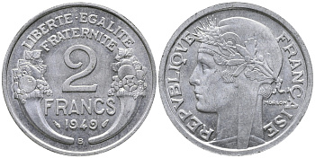 Франция 2 франка 1949 В, тип Morlon KM 886а.2, Le Franc 269.15 алюминий аUNC 34-1151