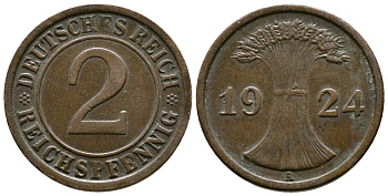 ГЕРМАНИЯ 2 РЕЙХСПФЕННИГА 1924 A KM 38, J. 314 бронза 93-1051