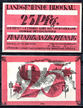 Брокау (Пруссия, Нижняя Силезия) 25 пфеннигов 1920 Mehl Grabowski 189a.1-2/3 бумага UNC (пресс) 7555-52-1-1