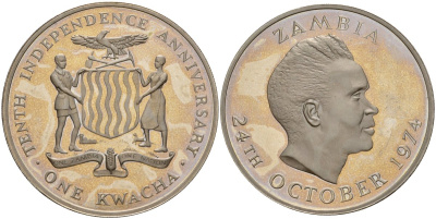 Замбия 1 квача 1974 10 лет независимости KM 17 медно-никель PROOF 00-00