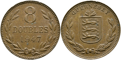 Гернси 8 даблов (дублей) 1947 Н KM 14 бронза 4383-733