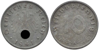 ГЕРМАНИЯ 10 РЕЙХСПФЕННИГОВ 1941 А KM 101, J. 371 цинк 4401-717