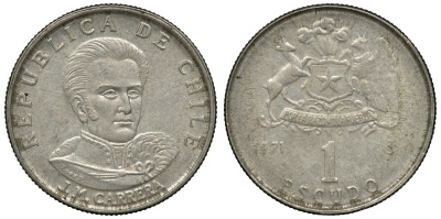 Чили 1 эскудо 1971 Хосе Мигель Каррера KM 197 медно-никель 4118-252