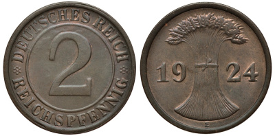 ГЕРМАНИЯ 2 РЕЙХСПФЕННИГА 1924 Е KM 38, J. 314 бронза 413-3434