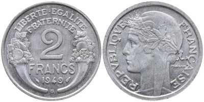 Франция 2 франка 1949 В, тип Morlon KM 886а.2, Le Franc 269.15 алюминий аUNC 34-1151