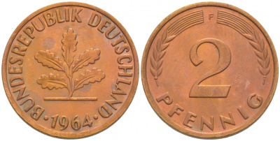 ФРГ 2 ПФЕННИГА 1964 F KM 106, J.381 бронза 3718-363