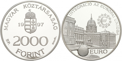Венгрия 2000 форинтов 1997 интеграция в европейский союз, королевский дворец в Будапеште KM 724 серебро PROOF 02-038-24