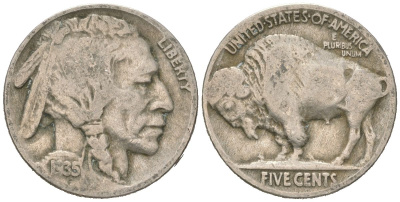 США 5 центов 1935 индеец, бизон KM 134 медно-никель 4614-1151