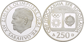 Югославия 250 динаров 1984 XIV зимние Олимпийские игры в Сараево 1984 года, ГОЛОВА ТИТО KM 108 серебро PROOF 1074-6-51