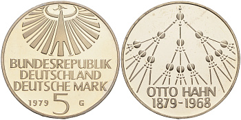 ФРГ 5 марок 1979 G, 100 лет со дня рождения Отто Хана KM 151, J.426 медно-никель плакированный никелем PROOF 02-265-13