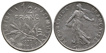 ФРАНЦИЯ 1/2 ФРАНКА 1977 СЕЯТЕЛЬ KM 931.1, LE FRANC 198.16 никель 26-1028
