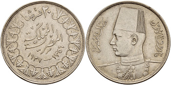Египет 20 пиастров 1937 АН1356, Фарук (1936-1952) KM 368 серебро 1519-1015