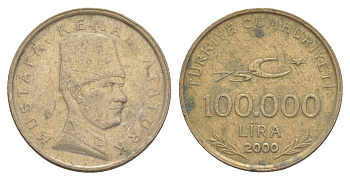 Турция 100000 лир 2000 75 лет республике, Мустафа Кемаль Ататюрк KM 1078 медь цинк никель 4523-1243