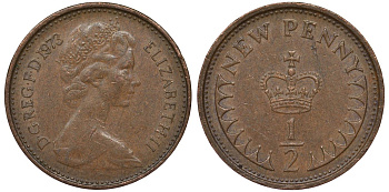 Великобритания 1/2 пенни 1973 Елизавета II (1952-2022) KM 914, Spink 4239 бронза 4124-561