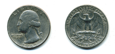 США 25 центов (квотер) 1965 Вашингтон KM 164а медь плакированная медно-никелем 46-1444