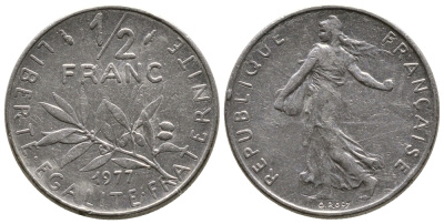 ФРАНЦИЯ 1/2 ФРАНКА 1977 СЕЯТЕЛЬ KM 931.1, LE FRANC 198.16 никель 26-1028