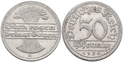 Германия 50 пфеннигов 1920 А KM 27 J.301 алюминий    4589-221