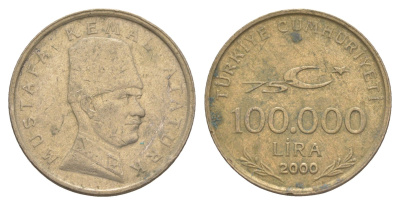 Турция 100000 лир 2000 75 лет республике, Мустафа Кемаль Ататюрк KM 1078 медь цинк никель 4523-1243