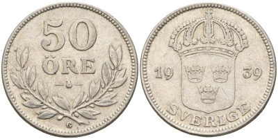Швеция 50 эре 1939 G, Густав V (1907-1950) KM 788 серебро 4148-842