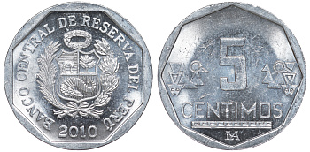Перу 5 сентимо 2010 LIMA KM 304.4a алюминий aUNC 4189-1014