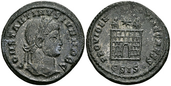 Римская Империя нуммий 326 - 327 Константин II в ранге цезаря PROVIDETIAE CAESS Сисция Extremely fine (C3) RIC 202 бронза 1073-3-1-5