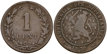 Нидерланды 1 цент 1878 Виллем III (1849 - 1890) KM 107 бронза 4169-1258