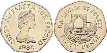 Джерси 50 пенсов 1988 замок Гросне, Елизавета II (1952-) KM 58.1 медно-никель UNC 4583-611