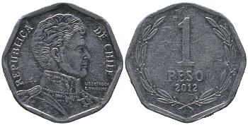 Чили 1 песо 2012 So KM 231, Schon 79 алюминий aUNC 4387-831