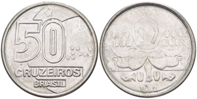 Бразилия 50 крузейро 1992 KM 620.2 нержавеющая сталь 4364-3423