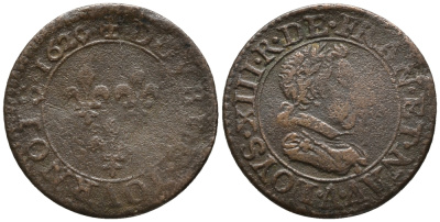 ФРАНЦИЯ 2 ТУРНУА 1620 А, ЛЮДОВИК XIII KM 61.1 медь 66-132