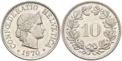 Швейцария 10 раппенов 1970 KM 27 медно-никель 55-427