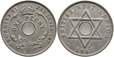 Британская Западная Африка 1 пенни 1947 Георг VI (1937-1952) KM 19 медно-никель 1523-314