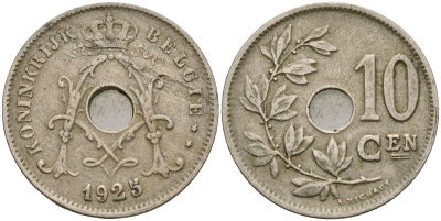 Бельгия 10 сантимов 1925 BELGI?, Альберт I (1910 - 1934) KM 86 медно-никель 4132-227