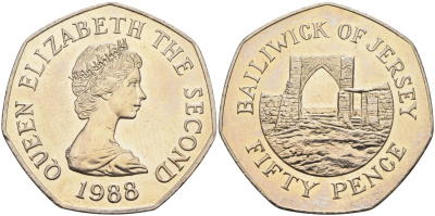 Джерси 50 пенсов 1988 замок Гросне, Елизавета II (1952-) KM 58.1 медно-никель UNC 4583-611