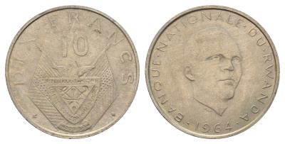 Руанда 10 франков 1964 год-тип, Грегуар Кайибанда KM 7 медно-никель 4672-213