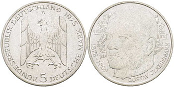 ФРГ 5 марок 1978 D, 200 лет со дня рождения Густава Штреземана J. 422, KM 147 серебро 180-1033