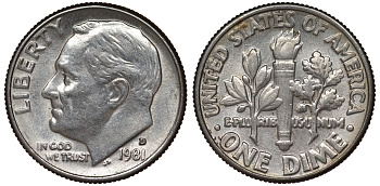 США 10 центов = дайм 1981 D, Рузвельт KM 195а медь плакированная медно-никелем 4124-452