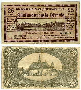 Финстервальде 25 пфеннигов 1920 1 октября 1920, нотгельд, земля Бранденбург, пятизначная серия Grabowski F5.4 бумага 2193-22-3-1