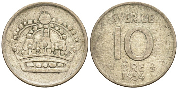 Швеция 10 эре 1954 TS, Густав VI Адольф (1950-1973) KM 823 серебро 192-144