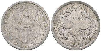 Французская Новая Каледония 1 франк 2003 птица кагу, (IEOM) KM 10, Schoen 10, Lec 52h алюминий 46-1935