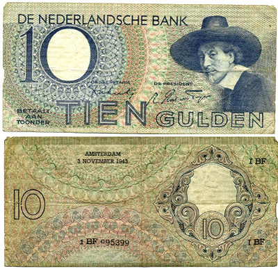 Нидерланды 10 гульденов 1943 Синдики (Рембрандт) Pick 59, Akkermans 32.1 бумага 450-60-4-1
