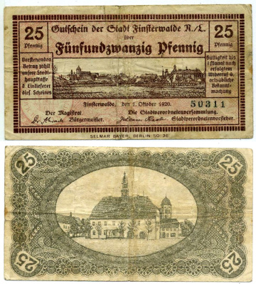 Финстервальде 25 пфеннигов 1920 1 октября 1920, нотгельд, земля Бранденбург, пятизначная серия Grabowski F5.4 бумага 2193-22-3-1