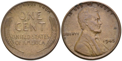 США 1 цент 1945 Линкольн KM А132 бронза 192-952