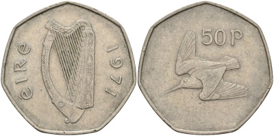 Ирландия 50 пенсов 1971 вальдшнеп KM 24 медно-никель 4144-1045