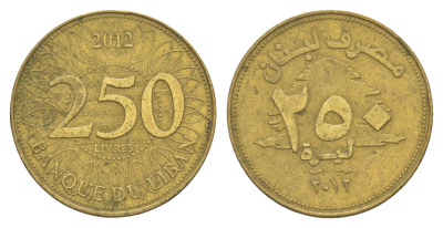 Ливан 250 ливров 2012 KM 36 медь алюминий цинк 4650-521