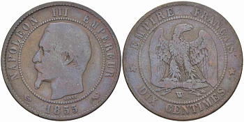 ФРАНЦИЯ 10 САНТИМОВ 1855 W, НАПОЛЕОН III (1852-1870) KM 771.7, LE FRANC 133.31 бронза 38-1046