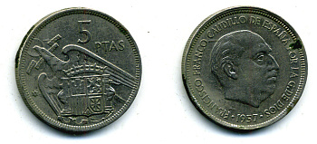 Испания 5 песет 1957 (75) Франциско Франко (1939-1975) KM 786 медно-никель 56-927