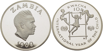 Замбия 10 квача 1980 международный год детей, президент Каунда KM 21 серебро PROOF 02-208-11