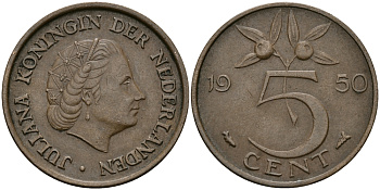 НИДЕРЛАНДЫ 5 ЦЕНТОВ 1950 ЮЛИАНА KM 181 бронза 95-241