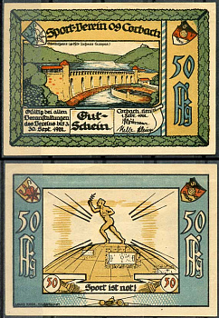 Германия, Корбах 50 пфеннигов 1922 нотгельд, городские виды, аквидук Grabowski 240.1  бумага  UNC (пресс) 444-83-1-2